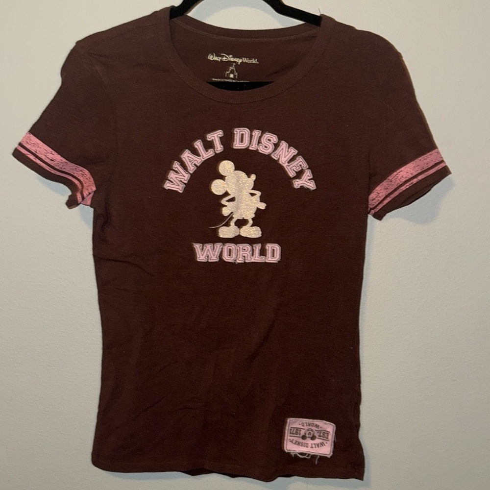 Walt Disney World Brown Short Sleeve Shirt Glitter Mickey Mouse Womens Medium